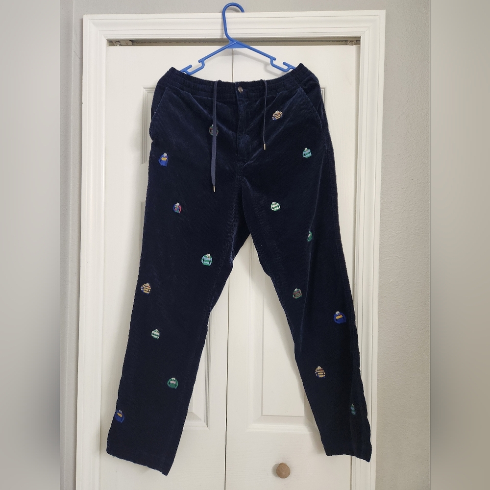 Ralph Lauren Navy Corduroy Pants with Multicolor Embroidered Accents